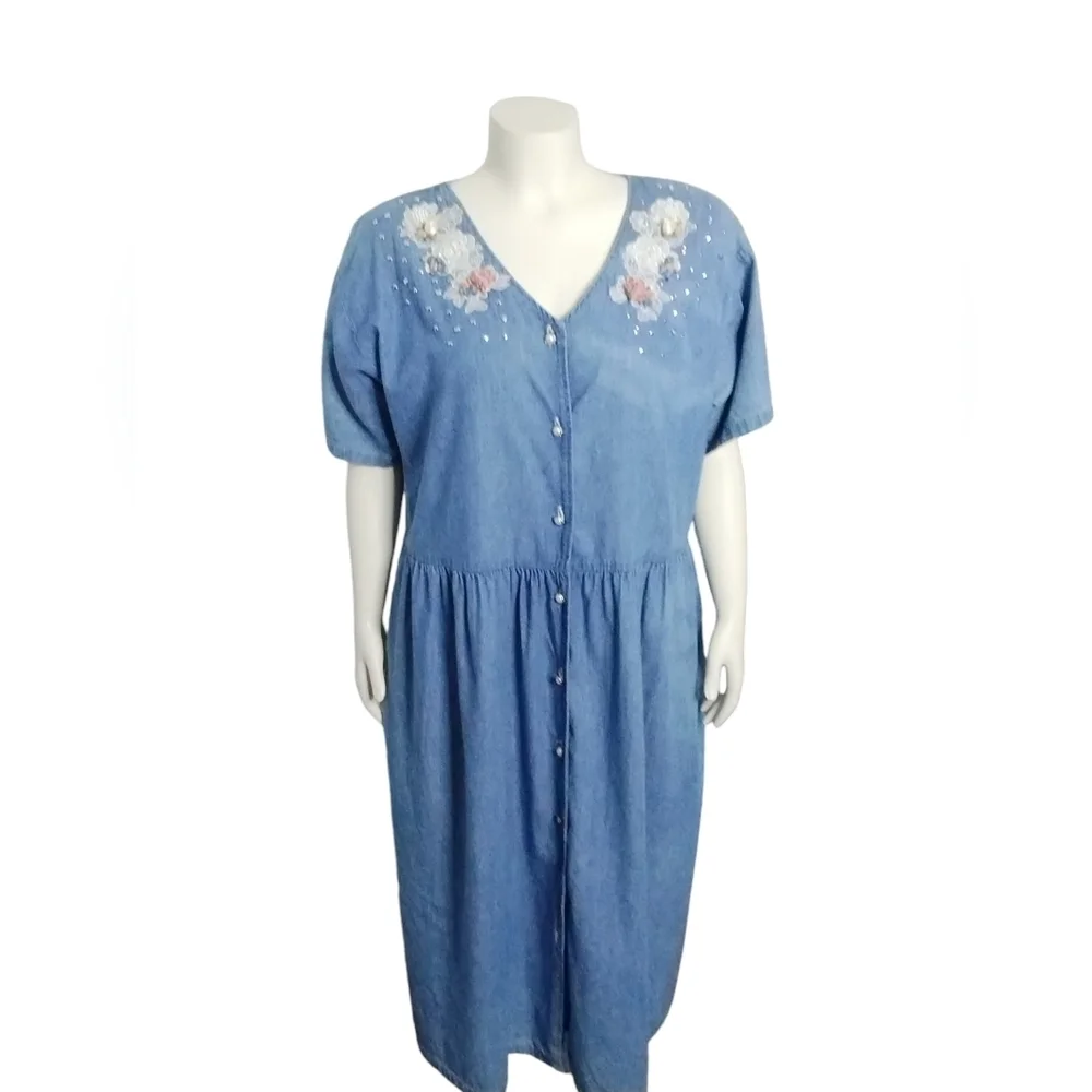 Vintage 80's 2X Spot Light Floral Embellished Cottagecore Grannycore Denim Dress